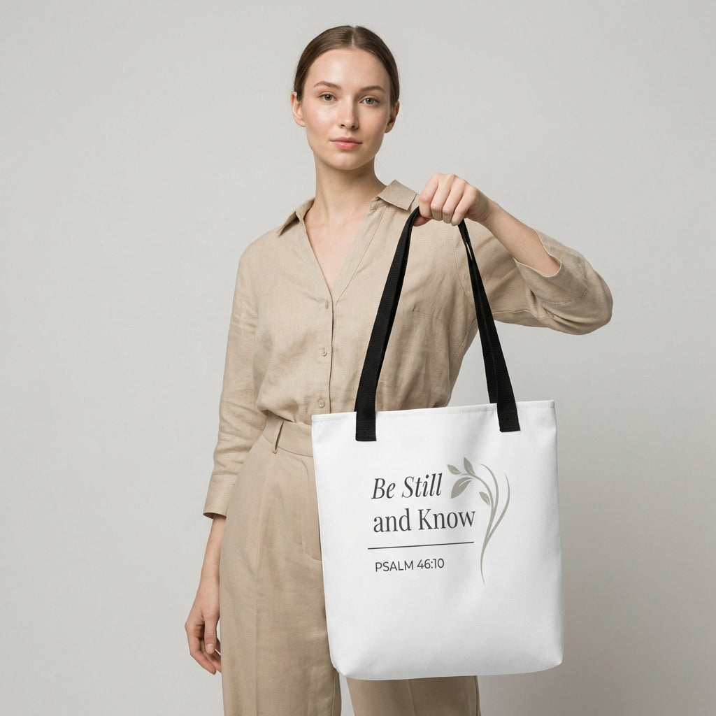 Lifestyle photo of a model holding a white tote bag with black handles featuring “Be still and know,” “Psalm 46:10,” and a floral line design in dark gray.