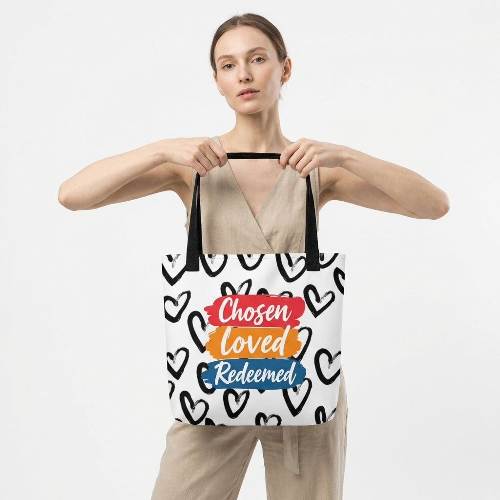 Model carrying a white tote with black handles featuring the black heart pattern and “Chosen Loved Redeemed” design.