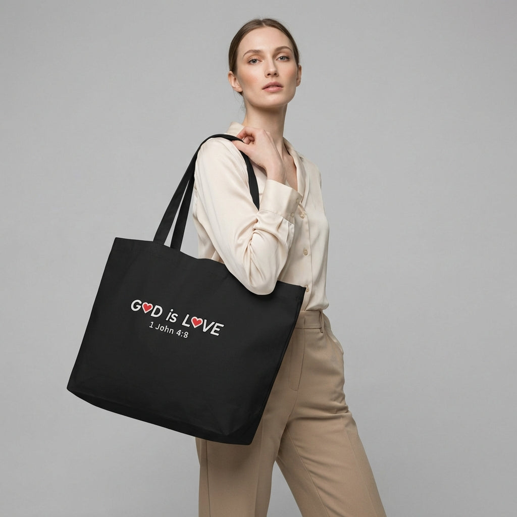 Model holding a large black cotton tote bag printed with “GOD is LOVE,” red heart accents, and “1 John 4:8.”