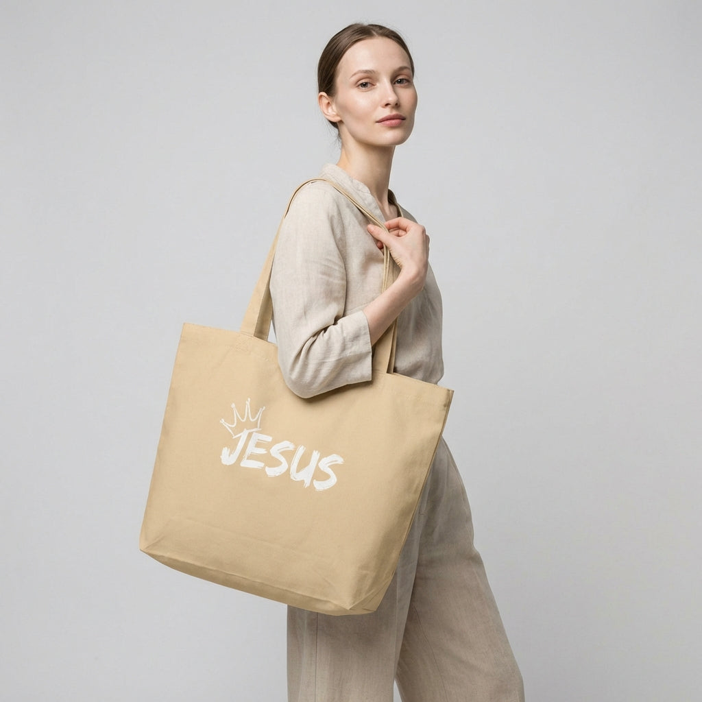 Model holding a large natural cotton tote bag with a white “JESUS” graphic and crown detail on the front.
