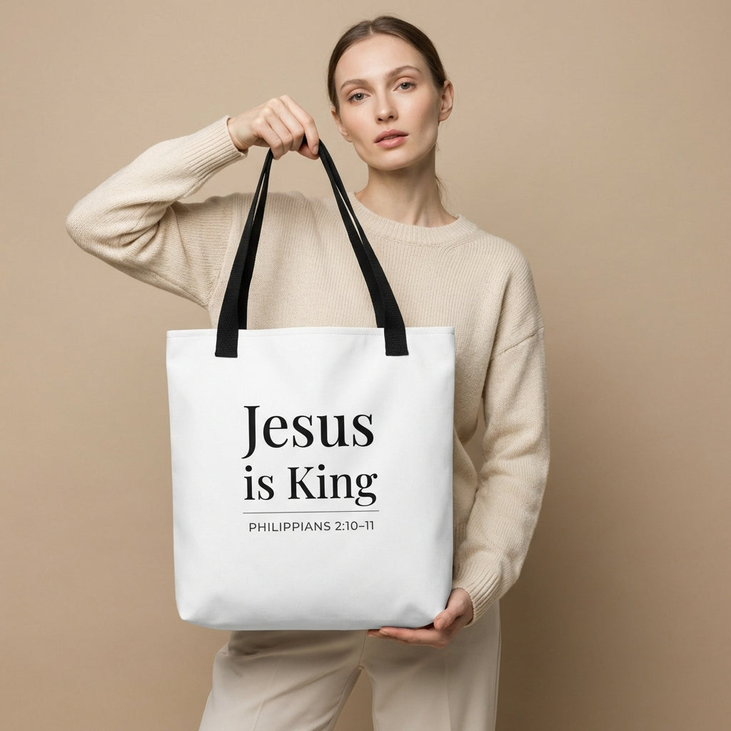 Model holding a white tote bag with dark gray “Jesus is King” and the verse reference “Philippians 2:10–11.”