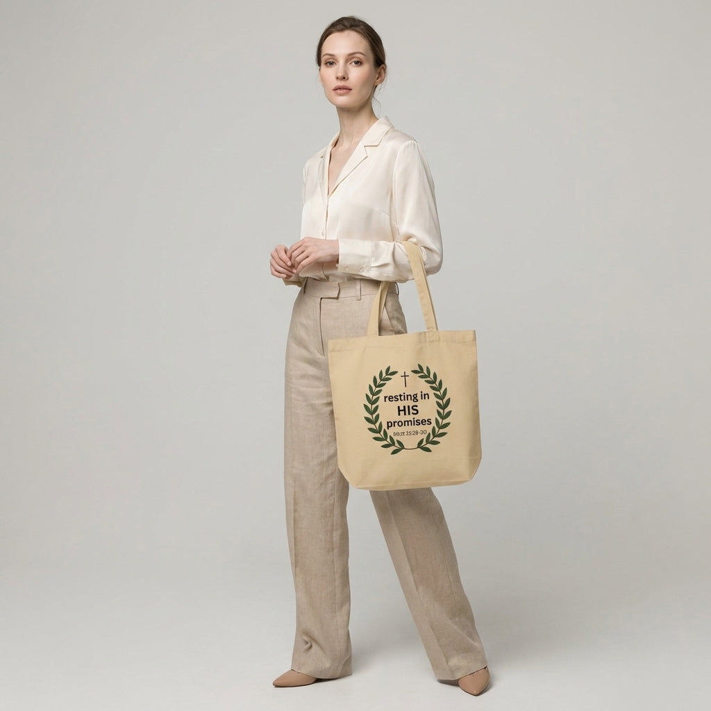Model holding a natural cotton tote bag featuring a leafy wreath, cross, and “resting in HIS promises” (Matt 11:28–30) design.