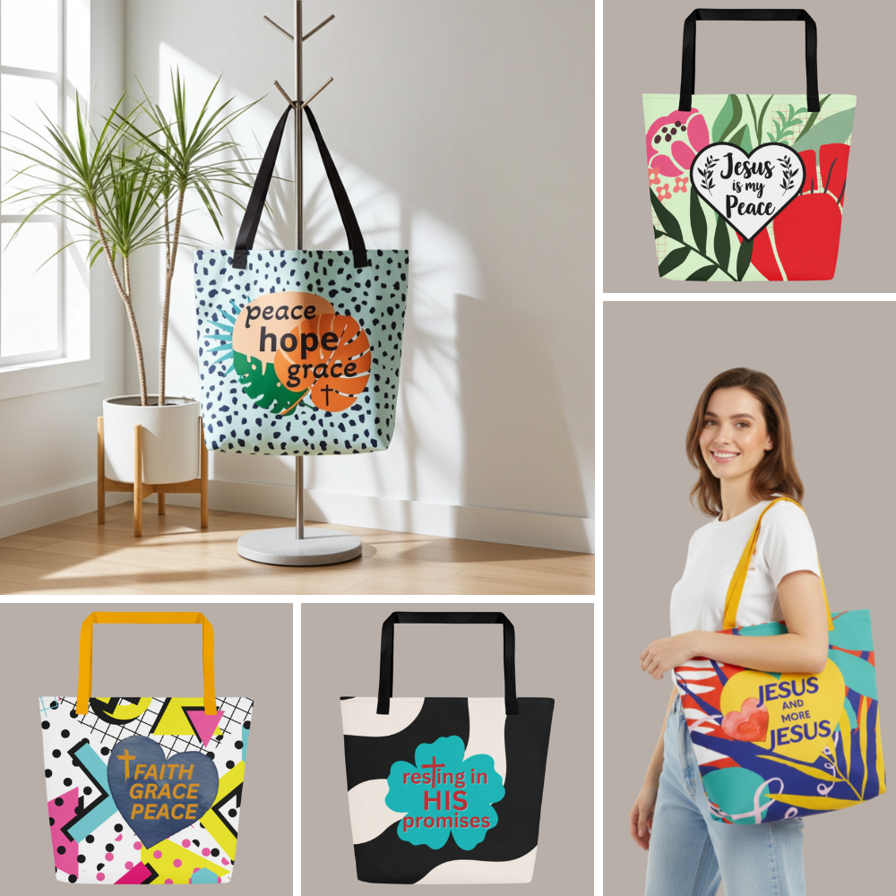 Faith-Inspired Large Tote Bags w/ Pocket