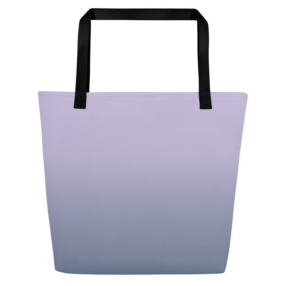 Back view of tote bag with black straps and a light purple color design with no text.