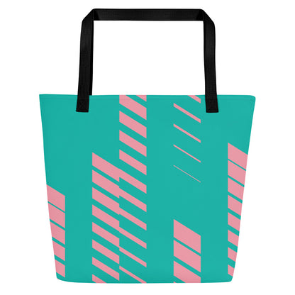 Back view of teal tote bag with black straps and pink diagonal stripe accents, without the front cross graphic.