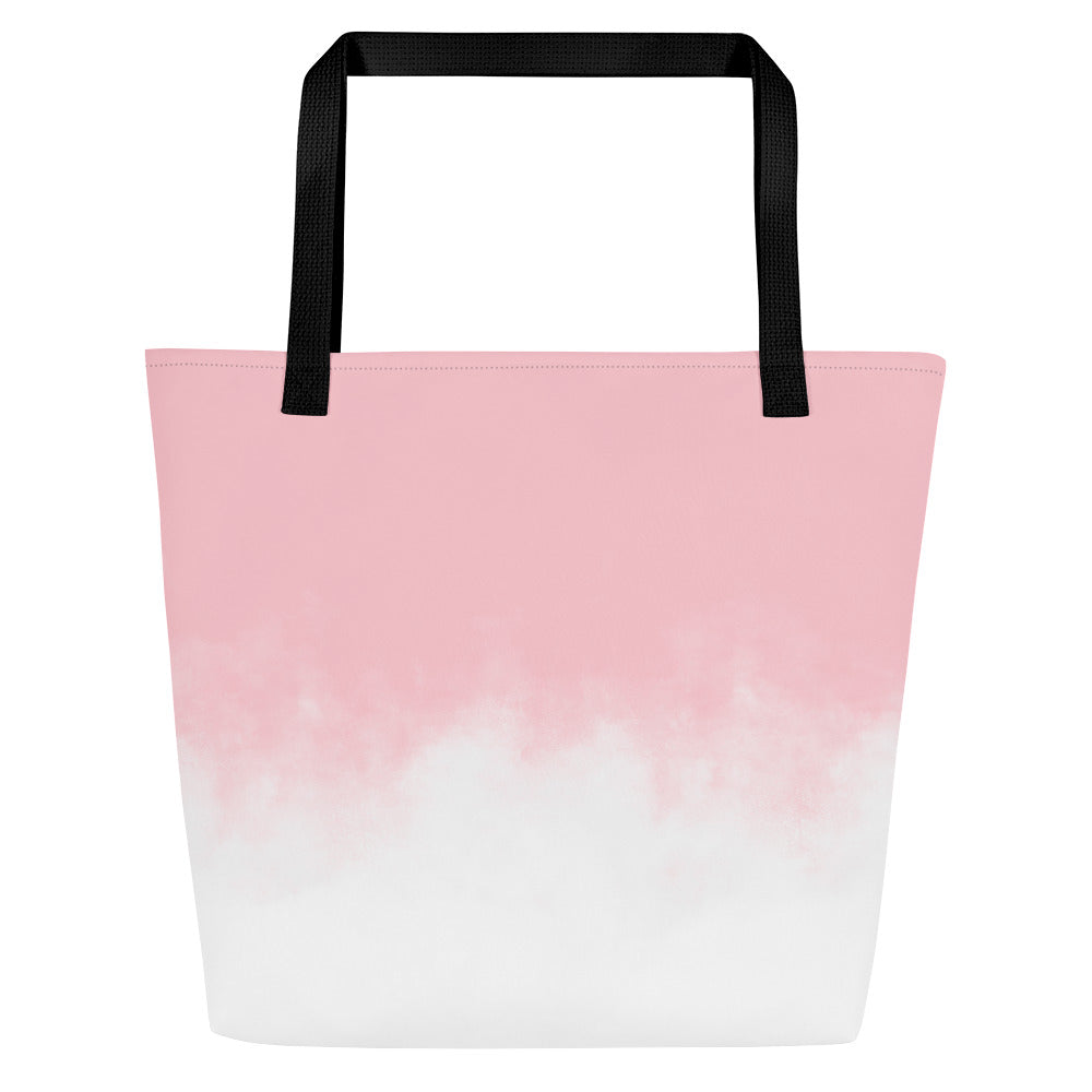 Back view of tote bag with black straps and a soft pink-to-white ombré design.