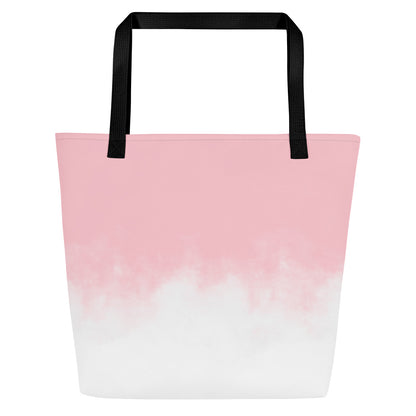 Back view of tote bag with black straps and a soft pink-to-white ombré design.