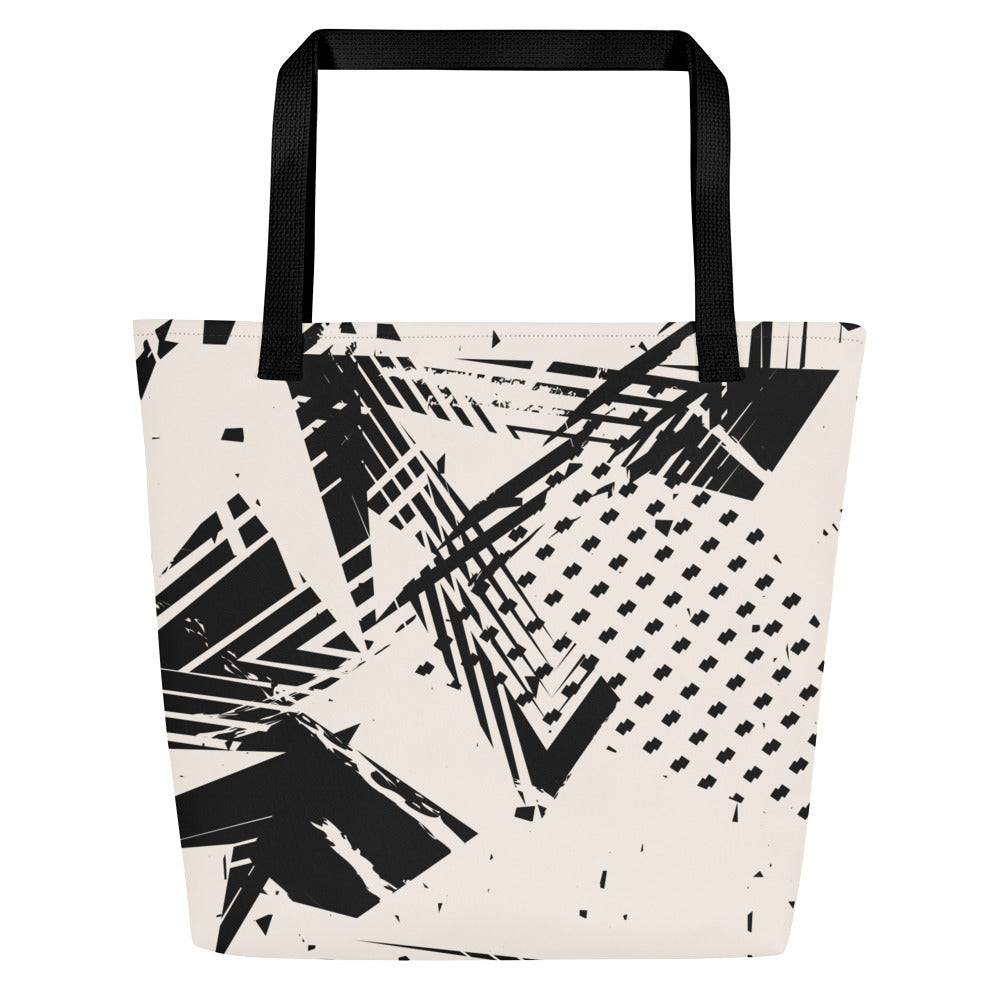 Back view of white tote bag with black straps and abstract black brushstroke pattern, without the teal text.