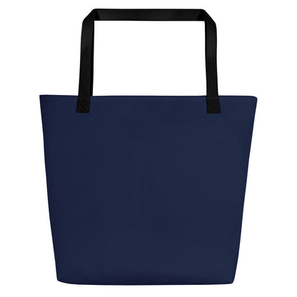 Back view of navy tote bag with black straps and a solid design with no front graphic.