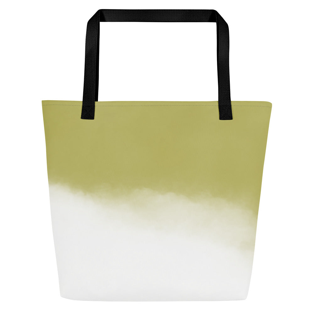 Back view of tote bag with black straps and a green-to-white ombré design, without the front text.