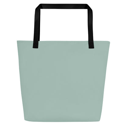Back view of sage green tote bag with black straps and a solid design with no graphic.