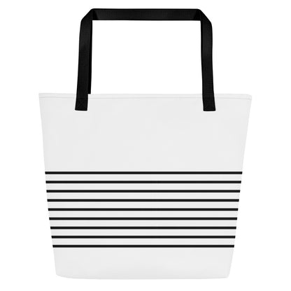 Back view of white tote bag with black straps and thin black horizontal stripes across the lower half, without the front text.