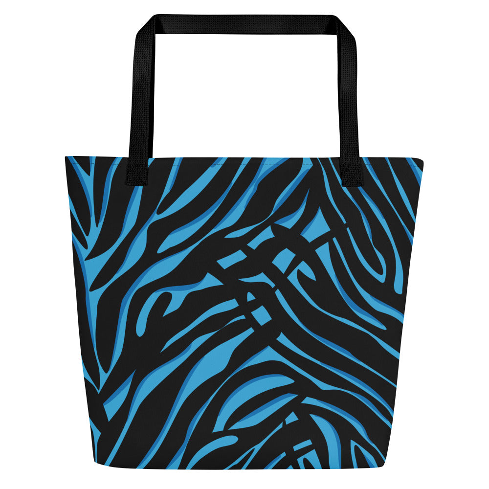 Back view of the tote showing the same black-and-blue zebra-style pattern across the full back panel, with black straps.