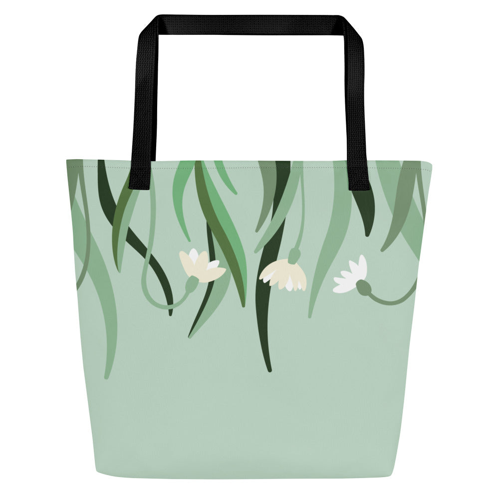 Back view of sage green tote bag with black straps and a matching leafy floral pattern, without the front
