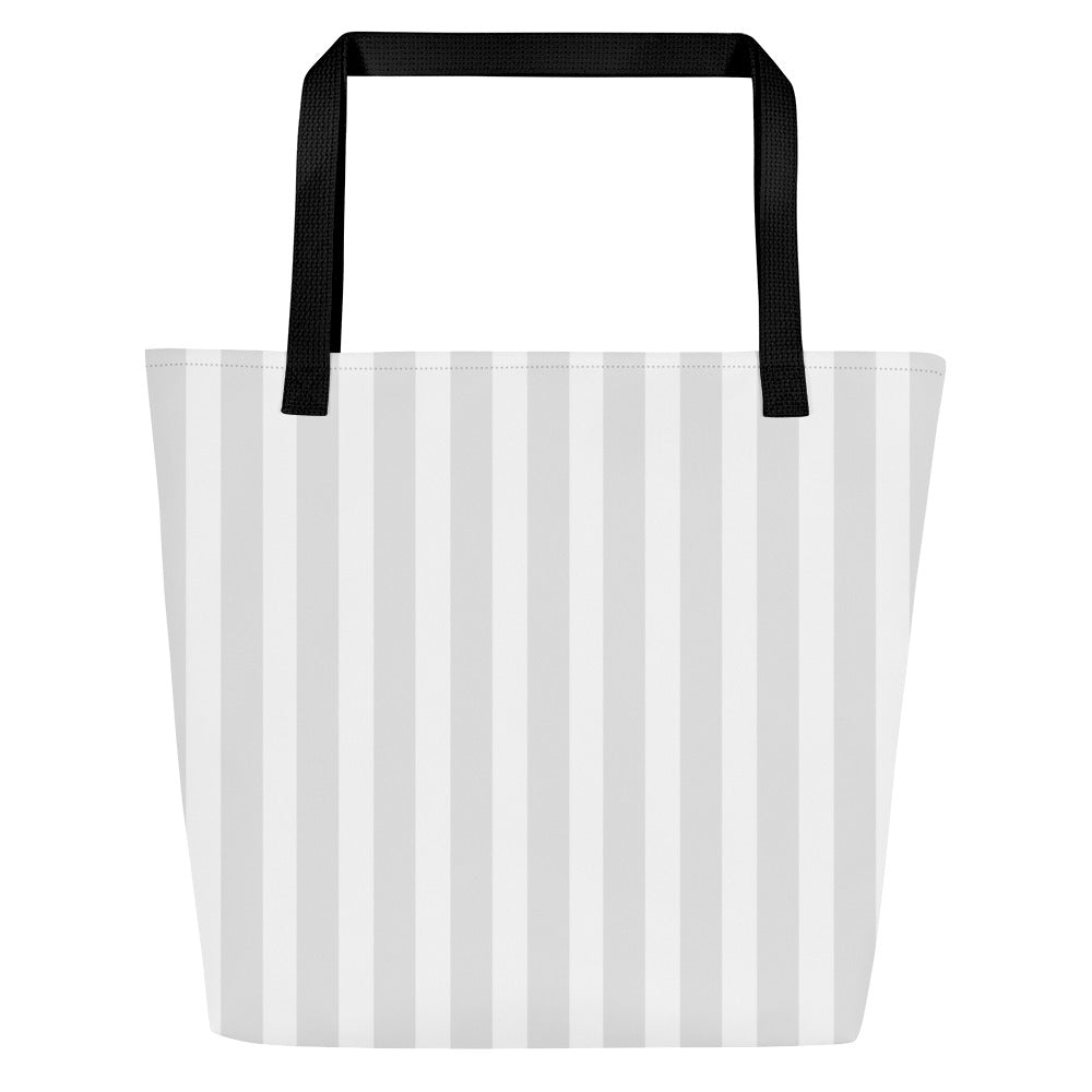 Back view of the tote showing the same light gray-and-white vertical stripe pattern across the full back panel, with black straps and no graphic.