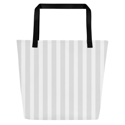Back view of the tote showing the same light gray-and-white vertical stripe pattern across the full back panel, with black straps and no graphic.