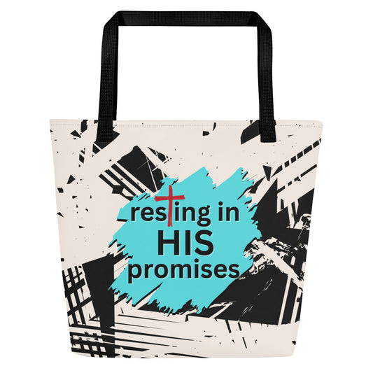 Front view of white tote bag with black straps, abstract black brushstroke pattern, and teal graphic text reading “resting in HIS promises” with a cross.