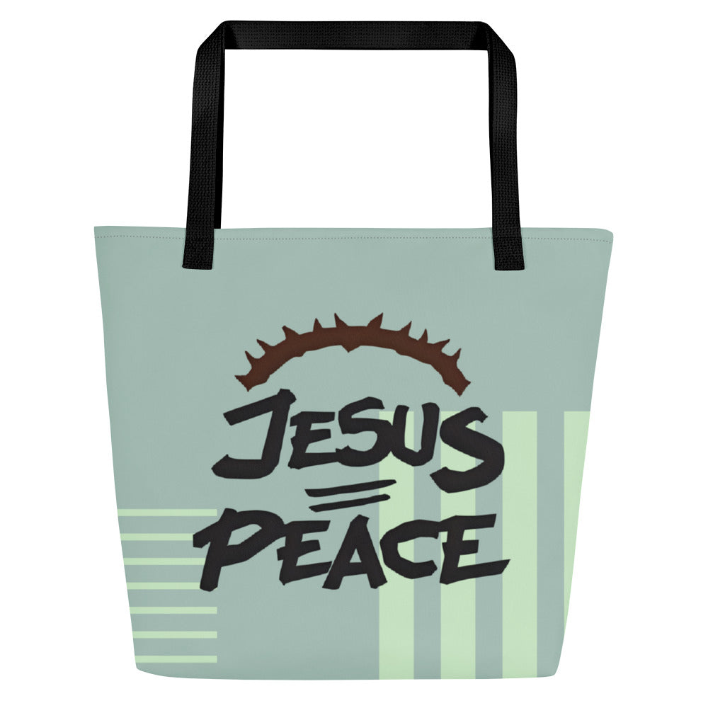 Front view of sage green tote bag with black straps, pale green stripe accents, and bold text reading “JESUS = PEACE” with a crown of thorns.