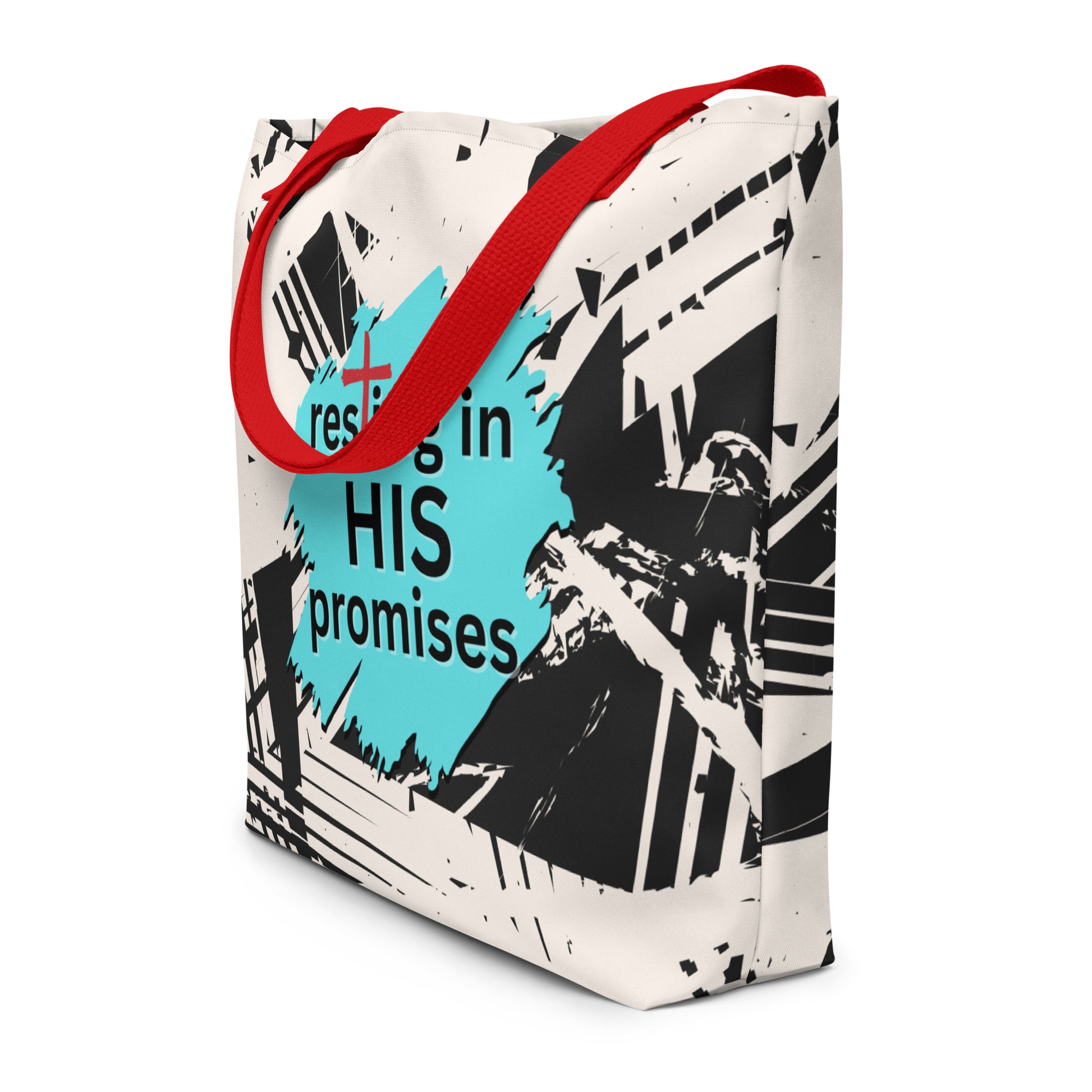 Angled view of white tote bag with red straps, abstract black pattern, and teal “resting in HIS promises” graphic.