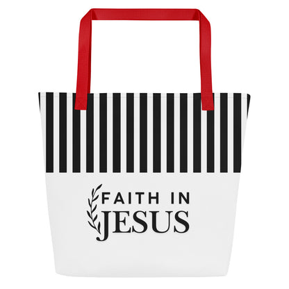 Front view of white tote bag with red straps, bold black vertical stripes across the top, and “FAITH IN JESUS” text with a small leafy branch graphic.