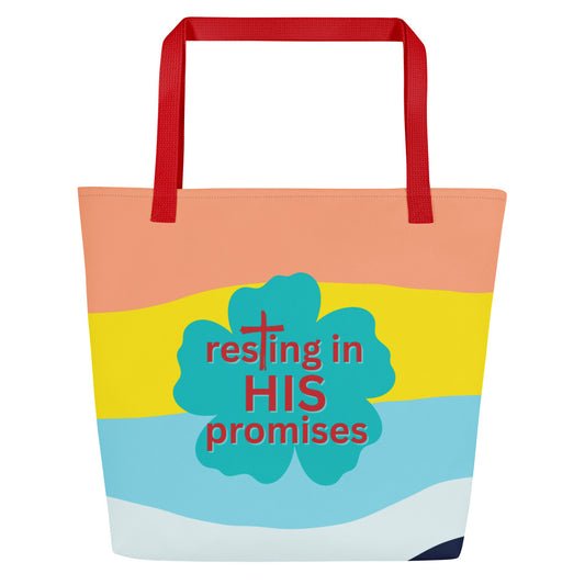 Front view of color-block tote bag with red straps, peach top band, bright yellow band, light blue band, and white wave-like bottom; teal flower graphic with red text “resting in HIS promises” and a red cross within the lettering.