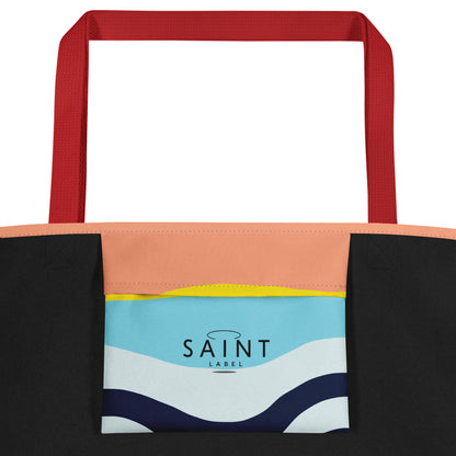 Inside pocket view showing a centered interior pocket labeled “Saint Label,” with a multicolor striped/wave pattern.