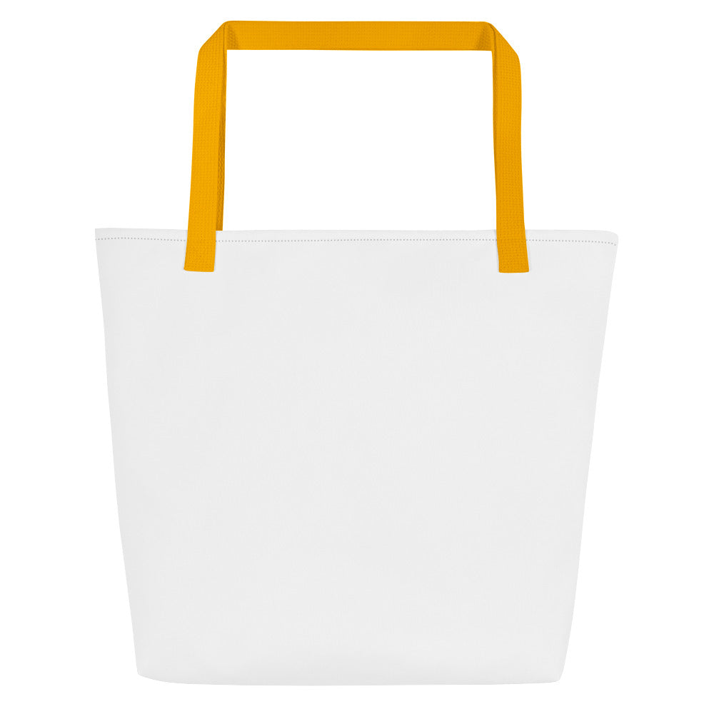 Back view of white tote bag with mustard yellow straps. 