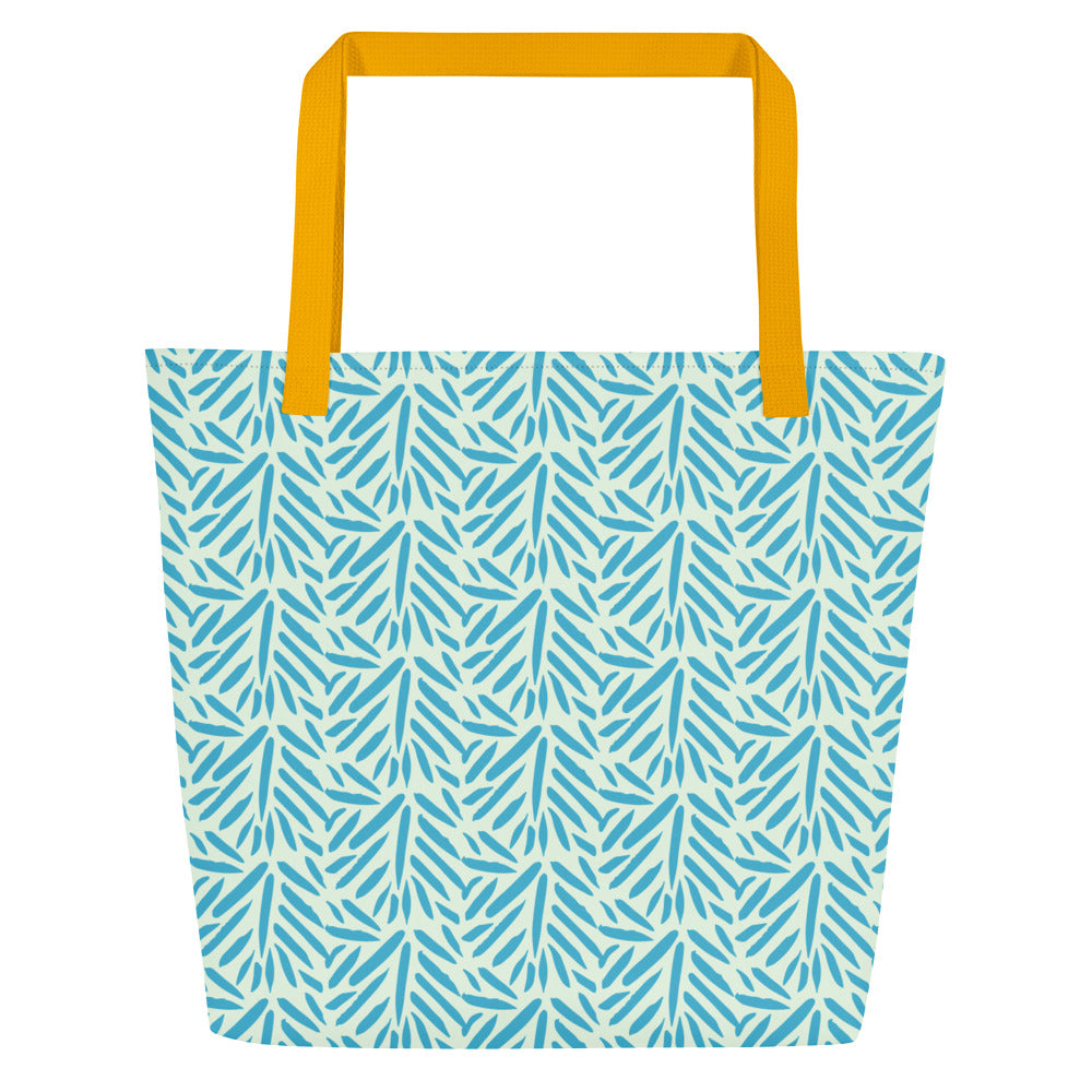 Back view of light blue patterned tote bag with mustard yellow straps and the same allover pattern, without the circle graphic.