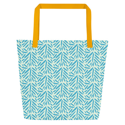 Back view of light blue patterned tote bag with mustard yellow straps and the same allover pattern, without the circle graphic.