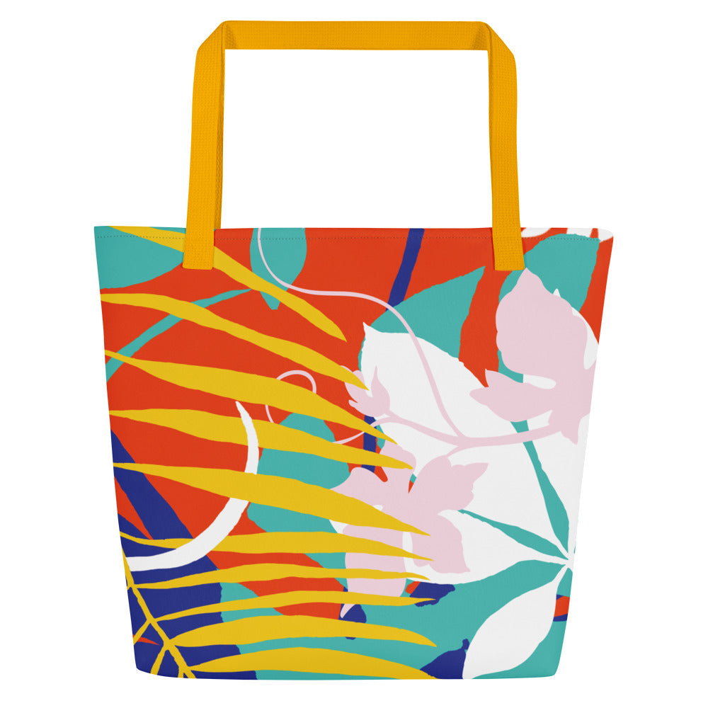 Back view of the tote showing the same vibrant tropical abstract pattern (leaf shapes and sweeping color blocks) across the full back panel, with mustard-yellow straps.