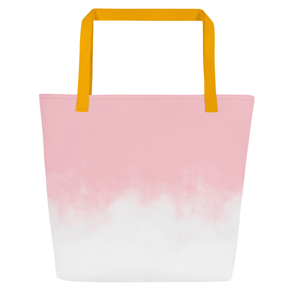 Back view of the tote showing a soft pink-to-white ombré (pink at the top fading to white at the bottom) with the same yellow straps.