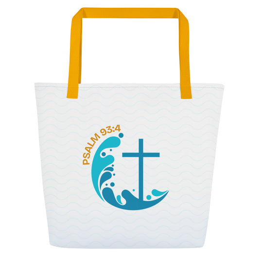 Front view of white tote bag with mustard yellow straps, subtle wave pattern, and blue cross-and-wave graphic with “Psalm 93:4.”