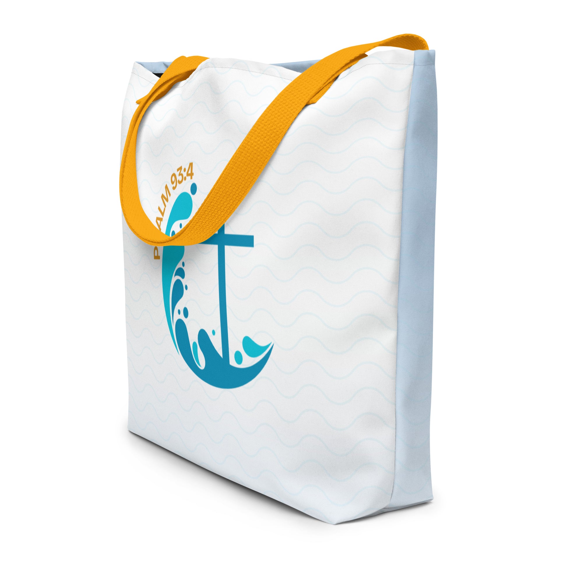 Angled view of tote bag with mustard yellow straps, subtle wave print, and blue cross-and-wave “Psalm 93:4” graphic.