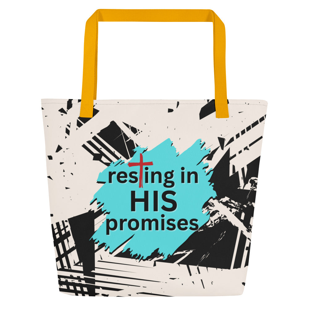 Front view of white tote bag with yellow straps, abstract black brushstroke pattern, and teal graphic text reading “resting in HIS promises” with a cross.