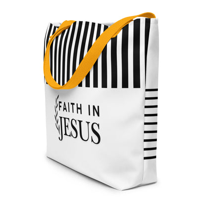 Angled view of white tote bag with yellow straps, black stripe accents, and “FAITH IN JESUS” text on the front.