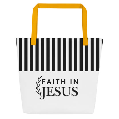 Front view of white tote bag with yellow straps, bold black vertical stripes across the top, and “FAITH IN JESUS” text with a small leafy branch graphic.