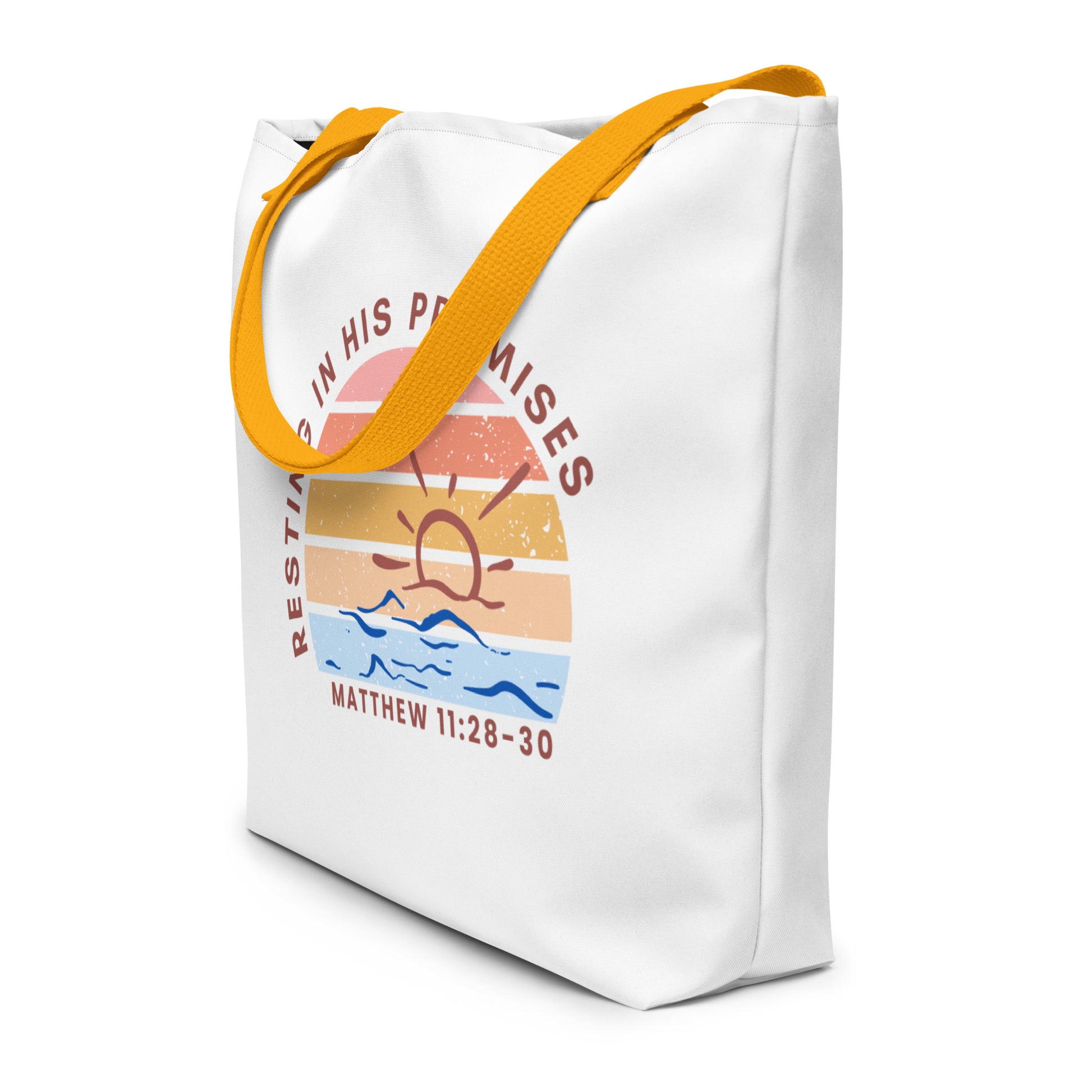 Angled side view of the white tote with mustard-yellow straps, showing the bag’s depth and the front “Resting in His Promises” sunset-and-waves graphic.