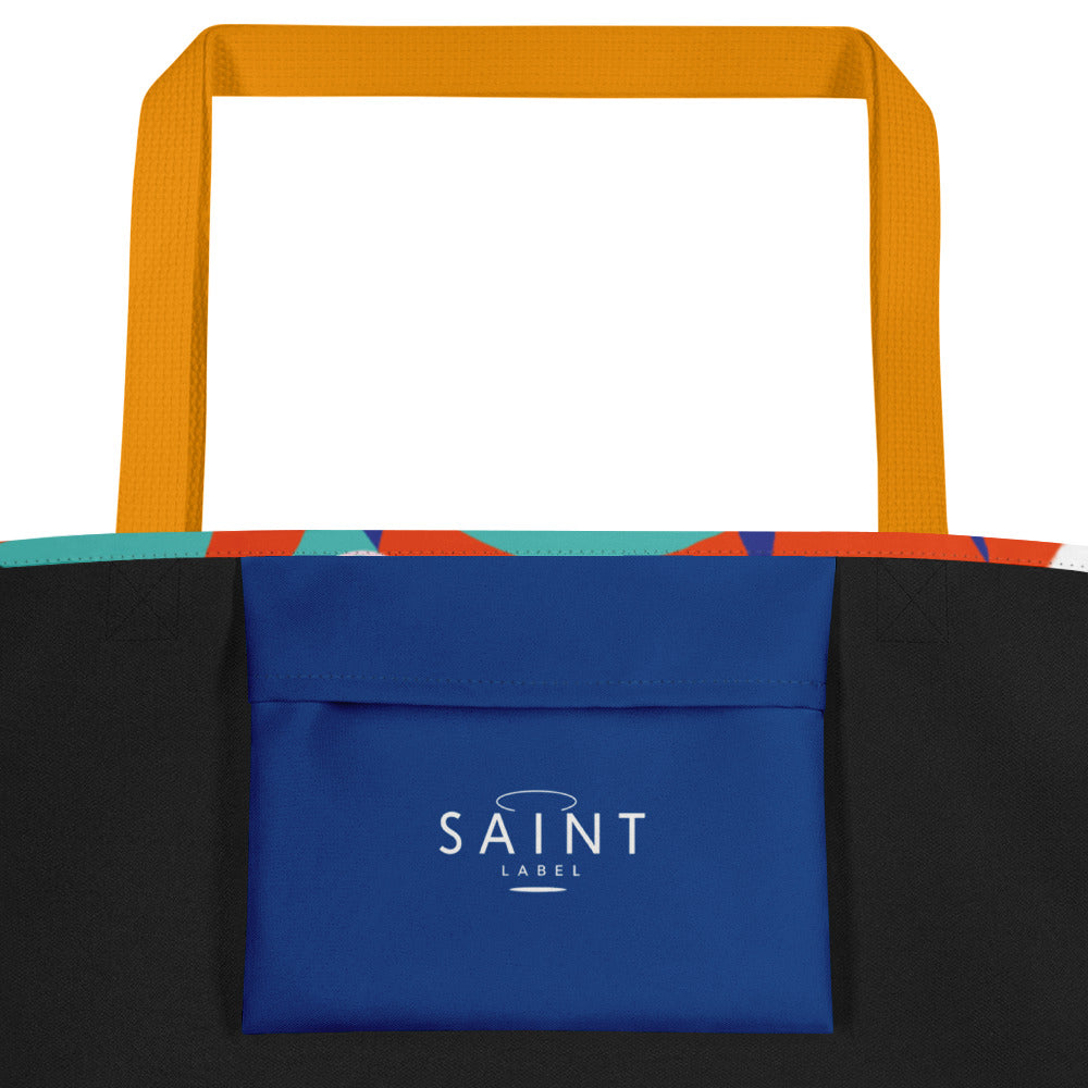 Inside pocket view showing black side panels and a bright royal-blue pocket with “Saint Label” printed in white; mustard-yellow straps visible at the top.