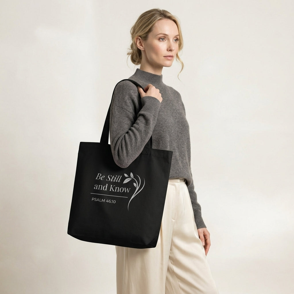 Model carrying a black cotton Christian tote bag with matching black handles, white “Be Still and Know” lettering, and a delicate leafy branch illustration.