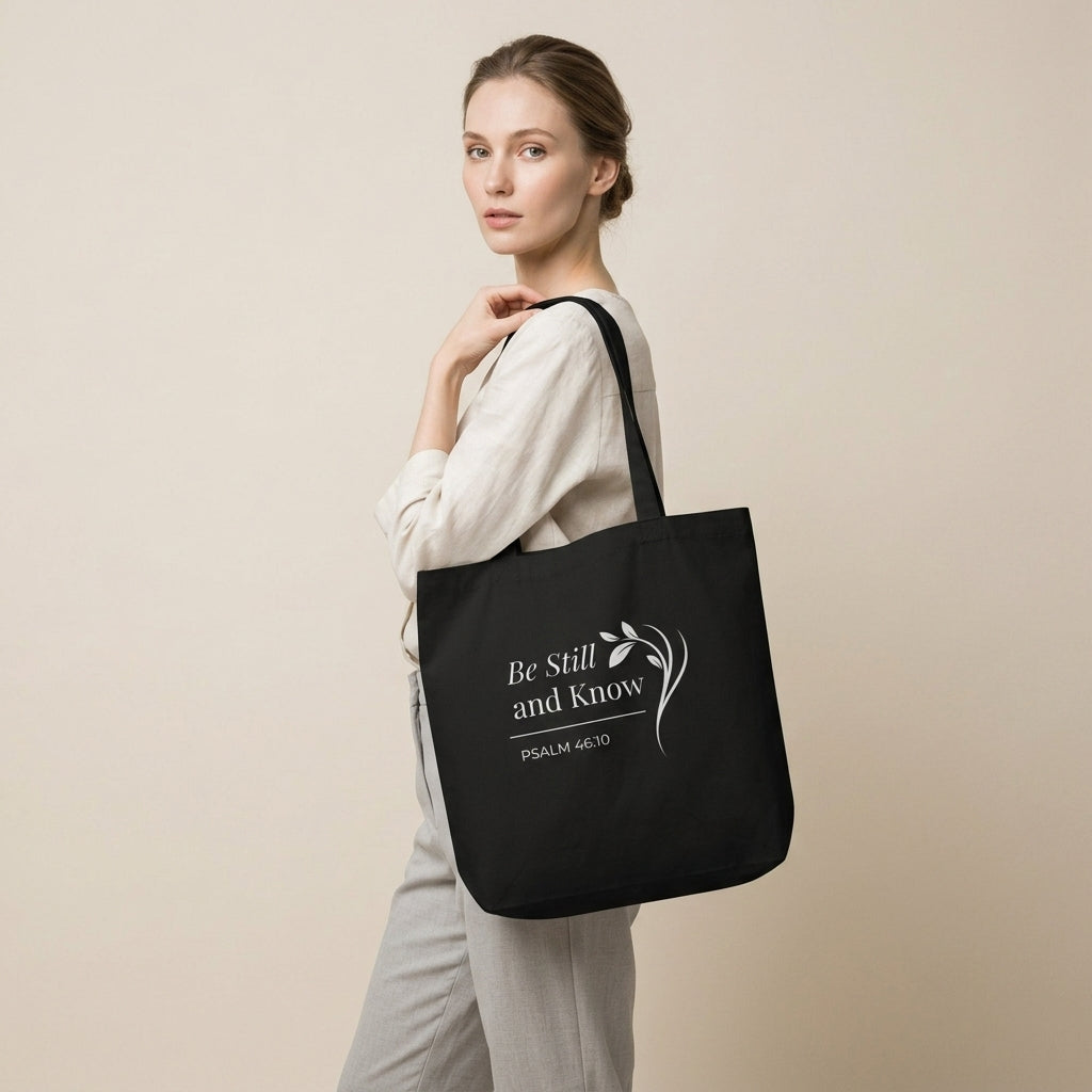 Model carrying a black cotton Christian tote bag with matching black handles, white “Be Still and Know” lettering, and a delicate leafy branch illustration.