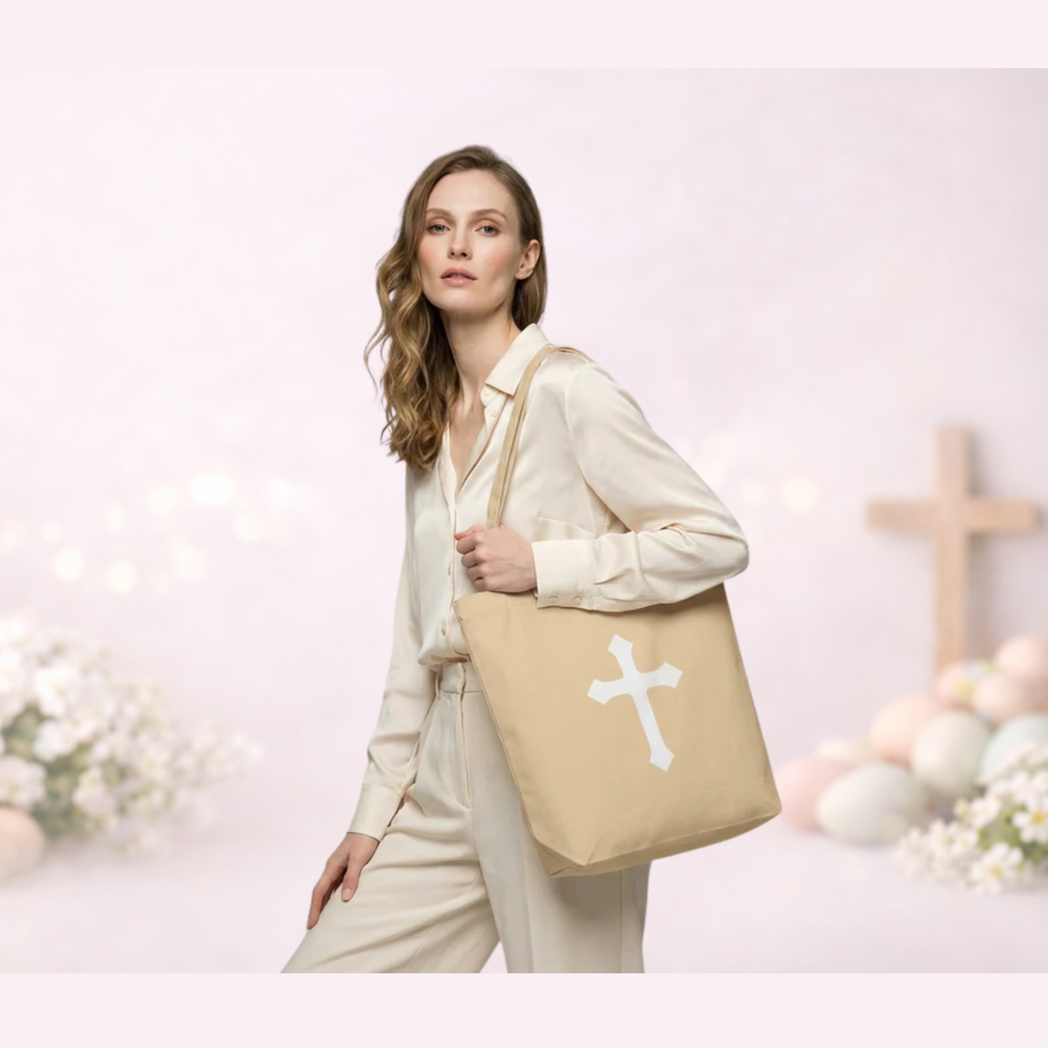Woman in a light cream outfit holding a beige tote bag over her shoulder featuring a large white cross; soft pastel background with blurred flowers, eggs, and a wooden cross.