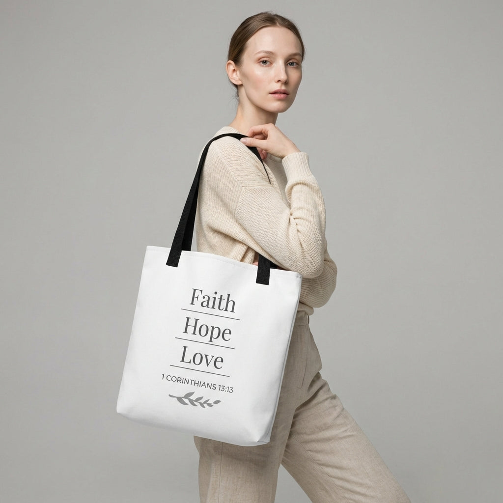 Lifestyle photo of a model holding a white tote bag with black handles featuring “Faith Hope Love,” “1 Corinthians 13:13,” and a leaf design in dark gray.