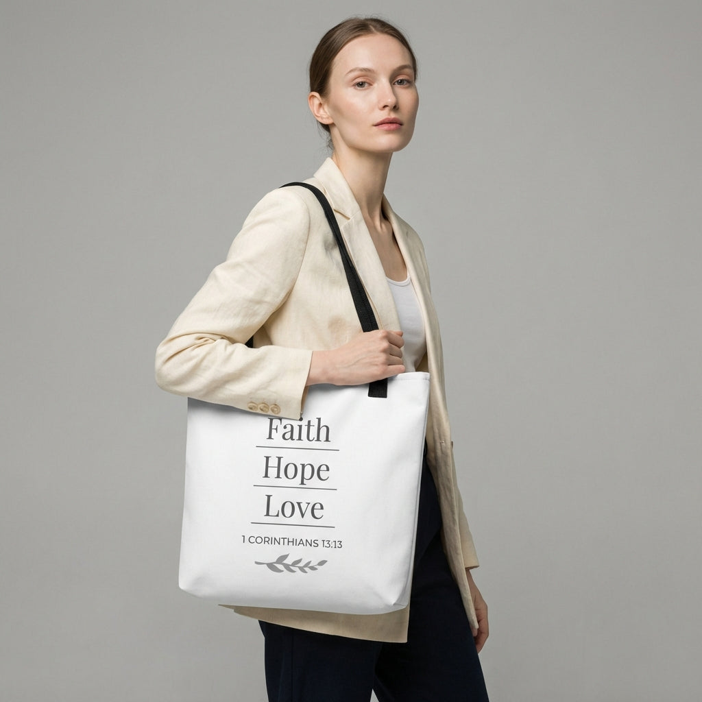 Lifestyle photo of a model holding a white tote bag with black handles featuring “Faith Hope Love,” “1 Corinthians 13:13,” and a leaf design in dark gray.