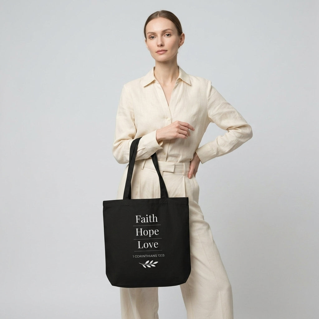 Model carrying a black cotton Christian tote bag with matching black handles and a “Faith Hope Love” 1 Corinthians 13:13 design with a small leafy branch illustration.