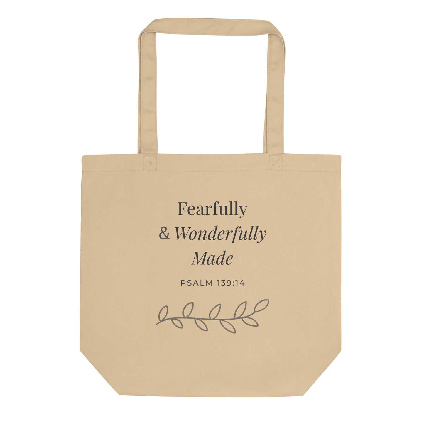 Front view of a natural cotton Christian tote bag with matching beige handles and “Fearfully & Wonderfully Made Psalm 139:14” text.