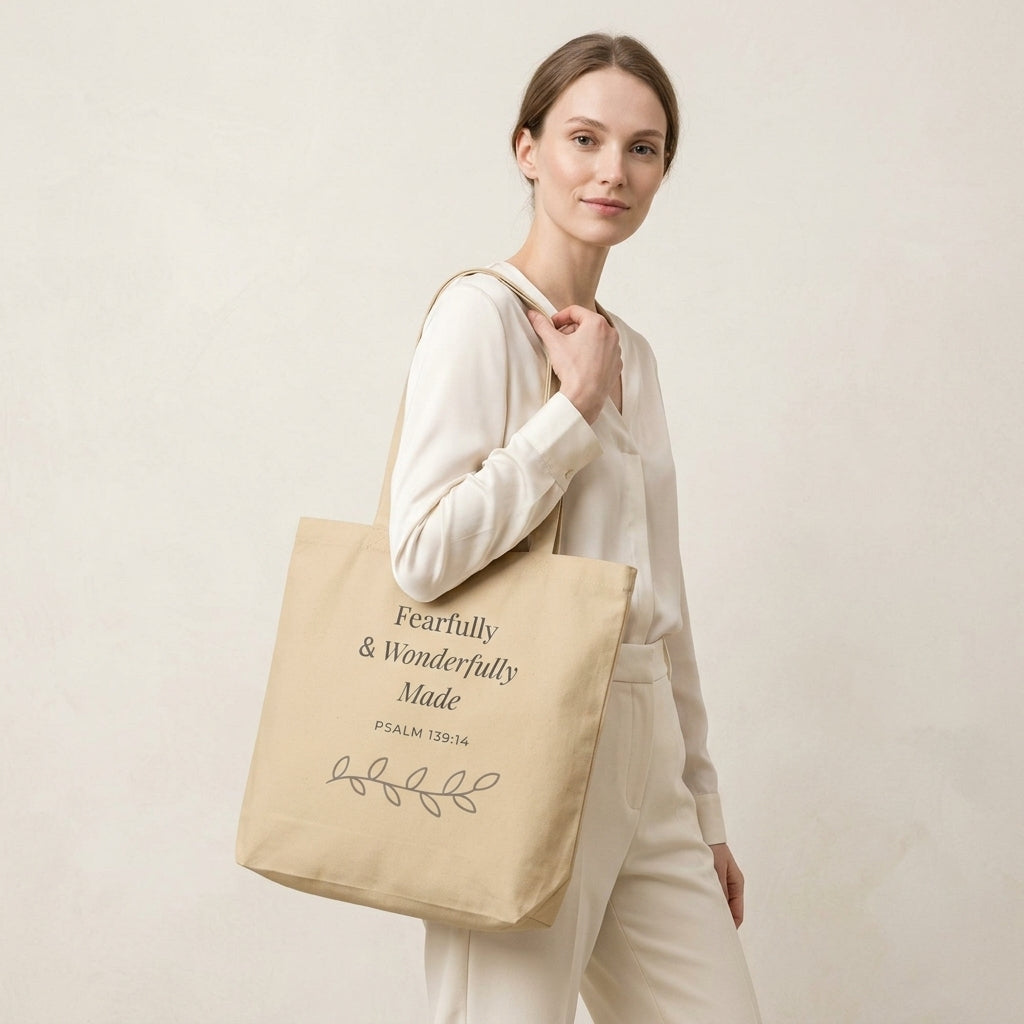Model carrying a natural cotton Christian tote bag with beige handles and a “Fearfully & Wonderfully Made Psalm 139:14” design.