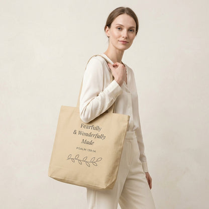 Model carrying a natural cotton Christian tote bag with beige handles and a “Fearfully & Wonderfully Made Psalm 139:14” design.
