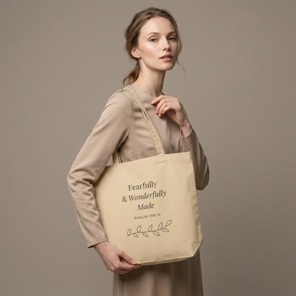 Model carrying a natural cotton Christian tote bag with beige handles and a “Fearfully & Wonderfully Made Psalm 139:14” design.