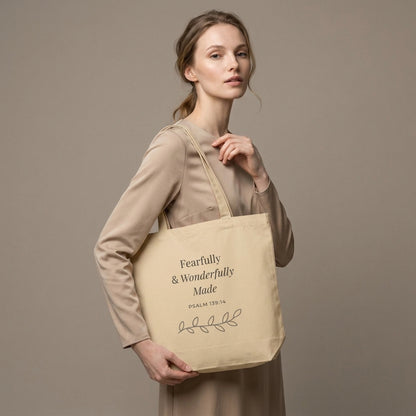 Model carrying a natural cotton Christian tote bag with beige handles and a “Fearfully & Wonderfully Made Psalm 139:14” design.