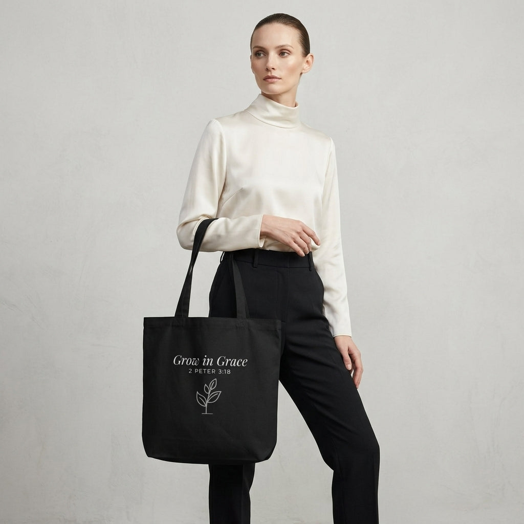 Model carrying a black cotton Christian tote bag with matching black handles, a “Grow in Grace” scripture design, and a small sprouting plant illustration.